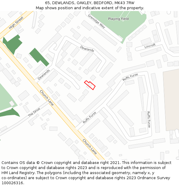 65, DEWLANDS, OAKLEY, BEDFORD, MK43 7RW: Location map and indicative extent of plot