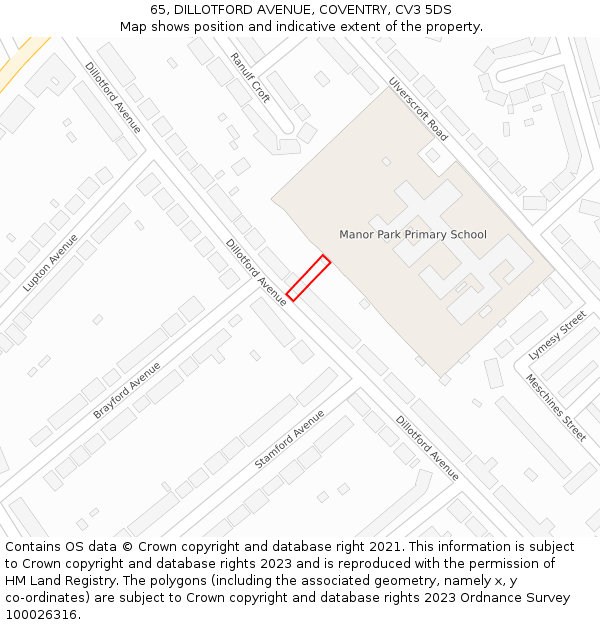 65, DILLOTFORD AVENUE, COVENTRY, CV3 5DS: Location map and indicative extent of plot