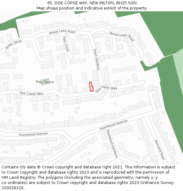 65, DOE COPSE WAY, NEW MILTON, BH25 5GN: Location map and indicative extent of plot