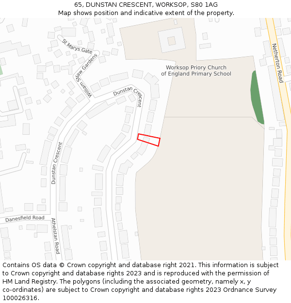 65, DUNSTAN CRESCENT, WORKSOP, S80 1AG: Location map and indicative extent of plot