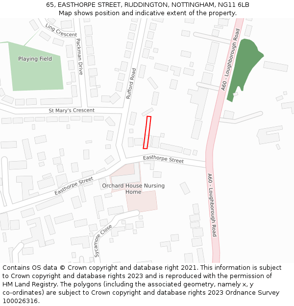 65, EASTHORPE STREET, RUDDINGTON, NOTTINGHAM, NG11 6LB: Location map and indicative extent of plot