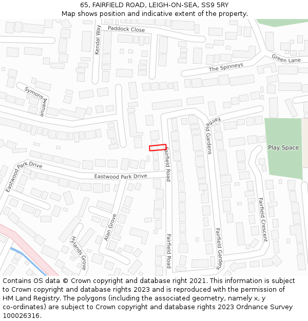 65, FAIRFIELD ROAD, LEIGH-ON-SEA, SS9 5RY: Location map and indicative extent of plot