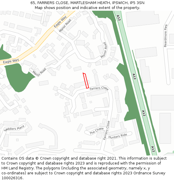 65, FARRIERS CLOSE, MARTLESHAM HEATH, IPSWICH, IP5 3SN: Location map and indicative extent of plot