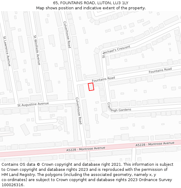 65, FOUNTAINS ROAD, LUTON, LU3 1LY: Location map and indicative extent of plot