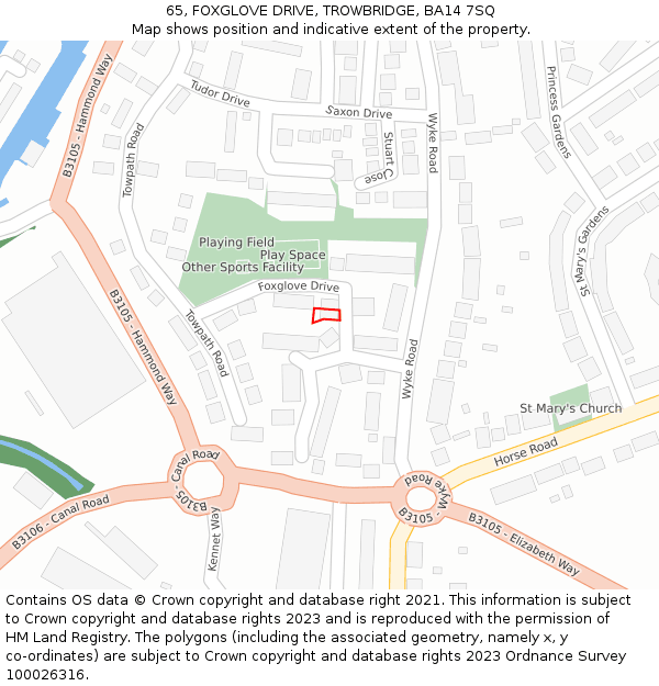 65, FOXGLOVE DRIVE, TROWBRIDGE, BA14 7SQ: Location map and indicative extent of plot