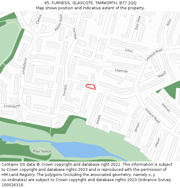 65, FURNESS, GLASCOTE, TAMWORTH, B77 2QQ: Location map and indicative extent of plot