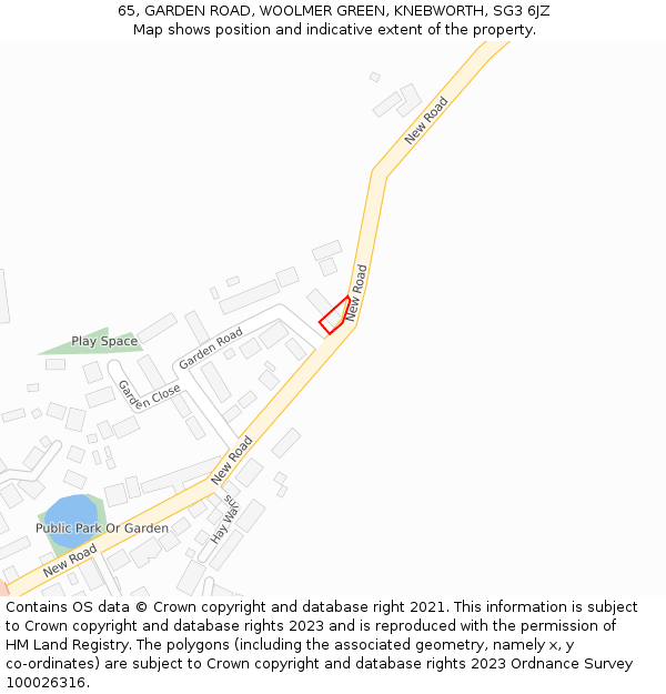 65, GARDEN ROAD, WOOLMER GREEN, KNEBWORTH, SG3 6JZ: Location map and indicative extent of plot