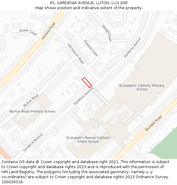 65, GARDENIA AVENUE, LUTON, LU3 2NP: Location map and indicative extent of plot