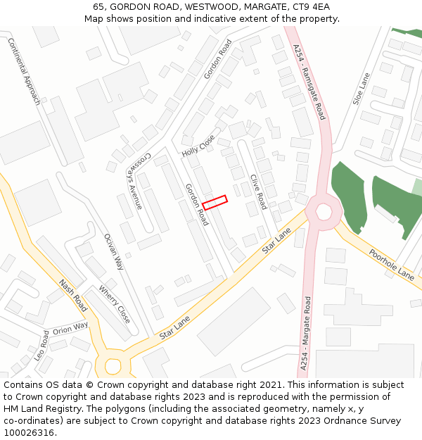 65, GORDON ROAD, WESTWOOD, MARGATE, CT9 4EA: Location map and indicative extent of plot