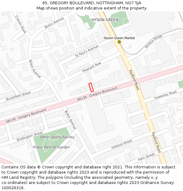 65, GREGORY BOULEVARD, NOTTINGHAM, NG7 5JA: Location map and indicative extent of plot