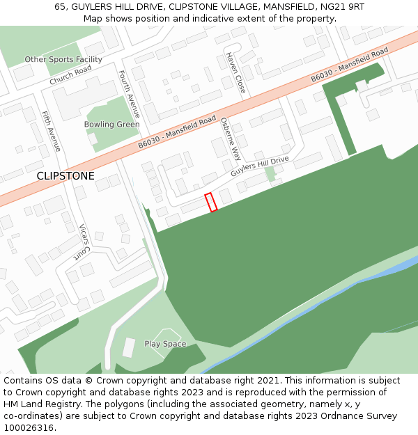 65, GUYLERS HILL DRIVE, CLIPSTONE VILLAGE, MANSFIELD, NG21 9RT: Location map and indicative extent of plot