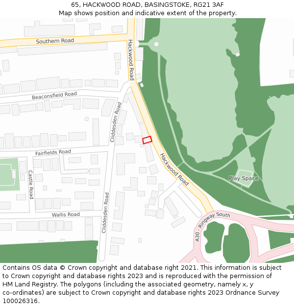 65, HACKWOOD ROAD, BASINGSTOKE, RG21 3AF: Location map and indicative extent of plot