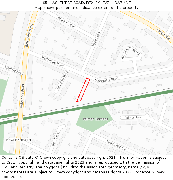 65, HASLEMERE ROAD, BEXLEYHEATH, DA7 4NE: Location map and indicative extent of plot