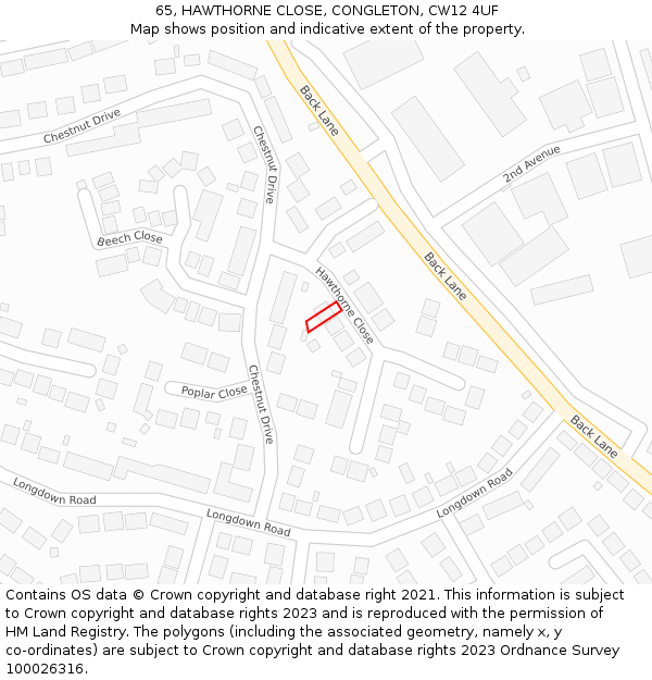 65, HAWTHORNE CLOSE, CONGLETON, CW12 4UF: Location map and indicative extent of plot