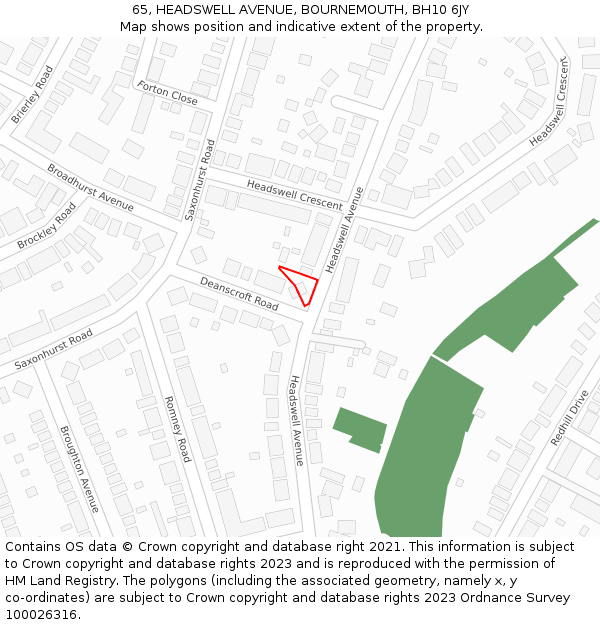 65, HEADSWELL AVENUE, BOURNEMOUTH, BH10 6JY: Location map and indicative extent of plot