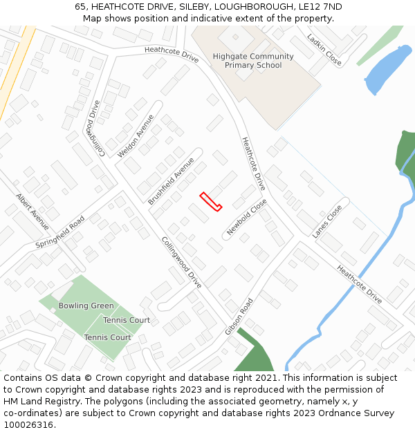 65, HEATHCOTE DRIVE, SILEBY, LOUGHBOROUGH, LE12 7ND: Location map and indicative extent of plot