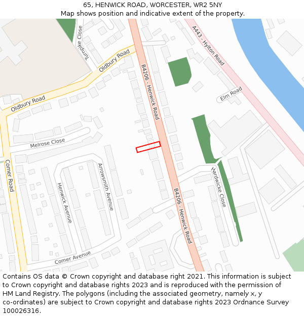 65, HENWICK ROAD, WORCESTER, WR2 5NY: Location map and indicative extent of plot
