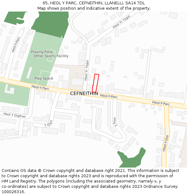 65, HEOL Y PARC, CEFNEITHIN, LLANELLI, SA14 7DL: Location map and indicative extent of plot