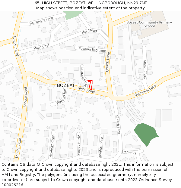 65, HIGH STREET, BOZEAT, WELLINGBOROUGH, NN29 7NF: Location map and indicative extent of plot