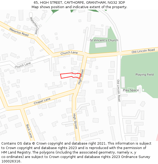 65, HIGH STREET, CAYTHORPE, GRANTHAM, NG32 3DP: Location map and indicative extent of plot