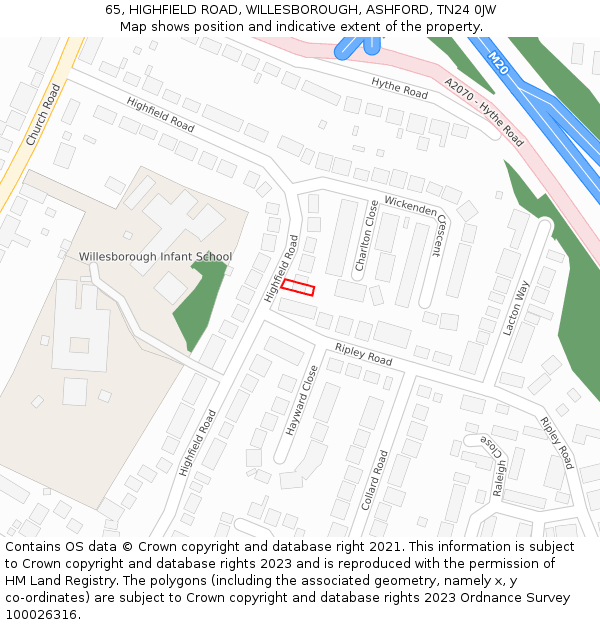 65, HIGHFIELD ROAD, WILLESBOROUGH, ASHFORD, TN24 0JW: Location map and indicative extent of plot