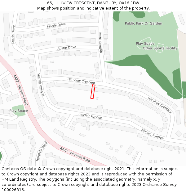 65, HILLVIEW CRESCENT, BANBURY, OX16 1BW: Location map and indicative extent of plot