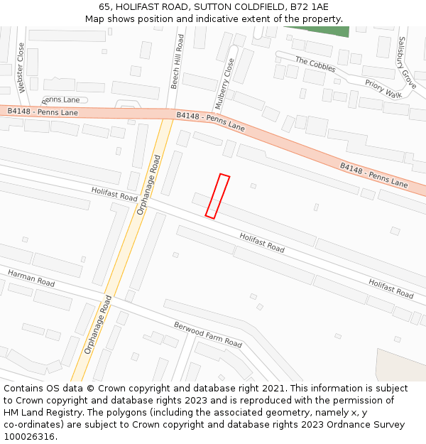 65, HOLIFAST ROAD, SUTTON COLDFIELD, B72 1AE: Location map and indicative extent of plot