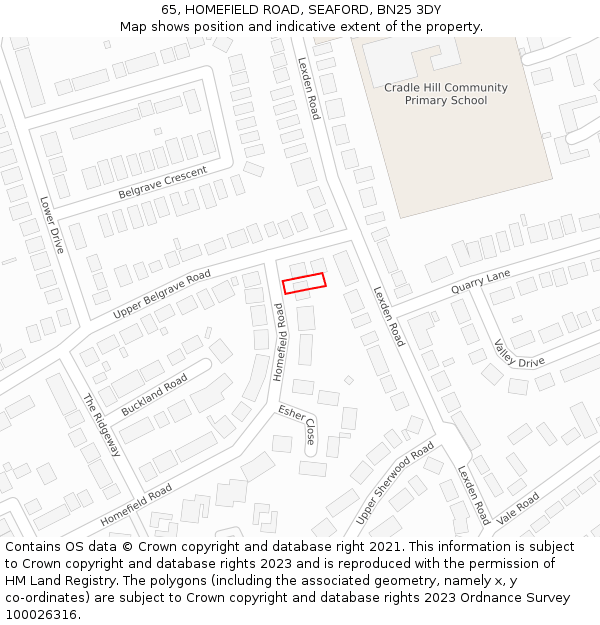 65, HOMEFIELD ROAD, SEAFORD, BN25 3DY: Location map and indicative extent of plot