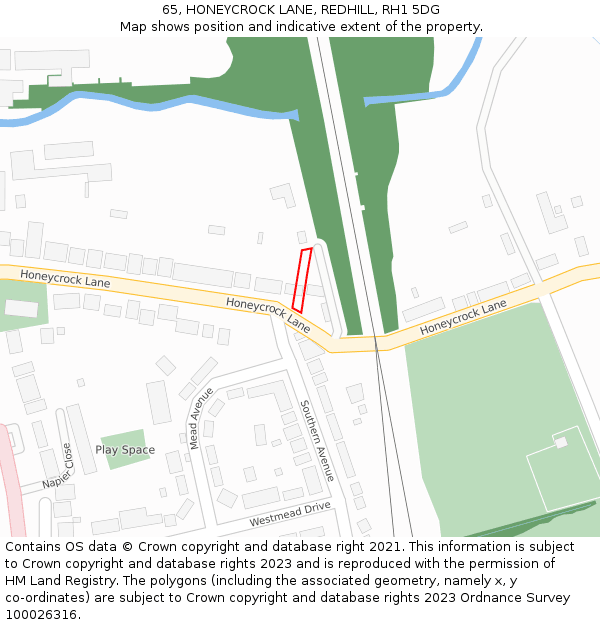 65, HONEYCROCK LANE, REDHILL, RH1 5DG: Location map and indicative extent of plot