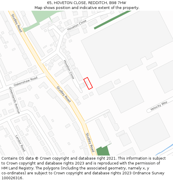 65, HOVETON CLOSE, REDDITCH, B98 7HW: Location map and indicative extent of plot