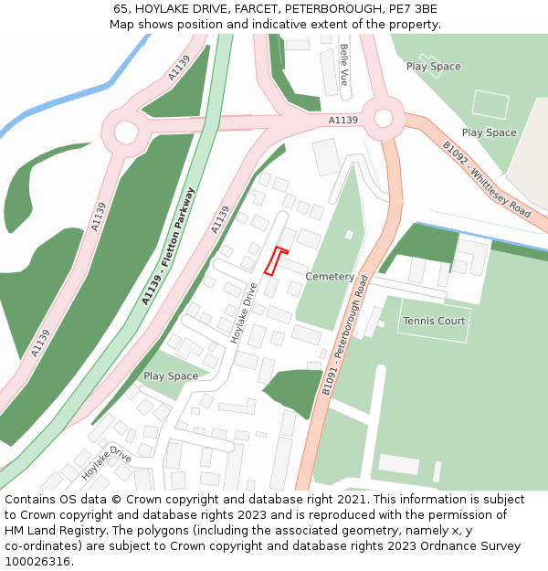 65, HOYLAKE DRIVE, FARCET, PETERBOROUGH, PE7 3BE: Location map and indicative extent of plot