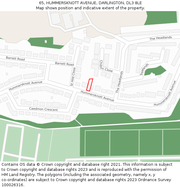 65, HUMMERSKNOTT AVENUE, DARLINGTON, DL3 8LE: Location map and indicative extent of plot