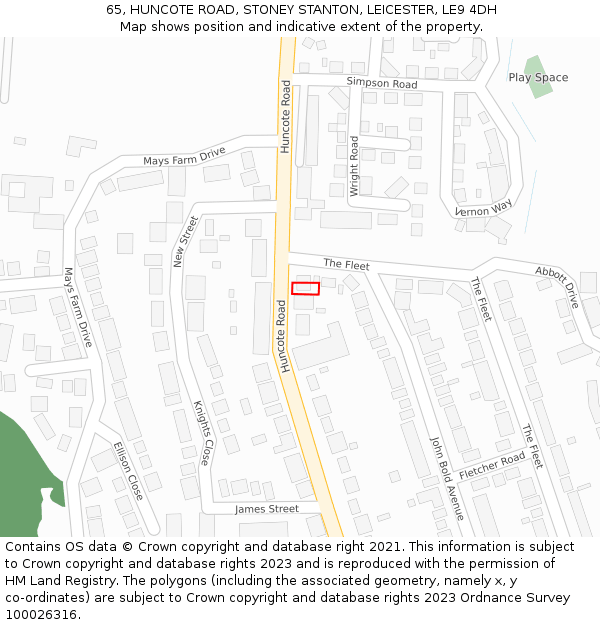 65, HUNCOTE ROAD, STONEY STANTON, LEICESTER, LE9 4DH: Location map and indicative extent of plot