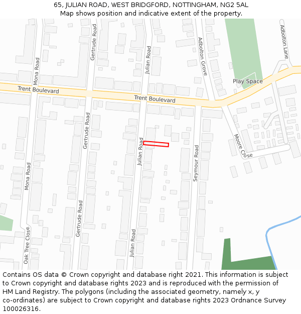 65, JULIAN ROAD, WEST BRIDGFORD, NOTTINGHAM, NG2 5AL: Location map and indicative extent of plot