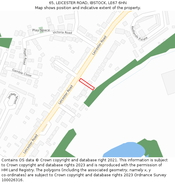 65, LEICESTER ROAD, IBSTOCK, LE67 6HN: Location map and indicative extent of plot