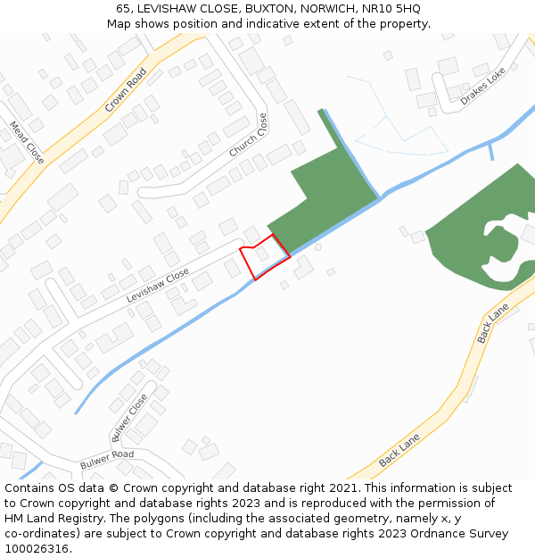 65, LEVISHAW CLOSE, BUXTON, NORWICH, NR10 5HQ: Location map and indicative extent of plot