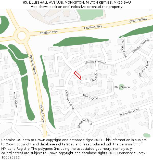 65, LILLESHALL AVENUE, MONKSTON, MILTON KEYNES, MK10 9HU: Location map and indicative extent of plot