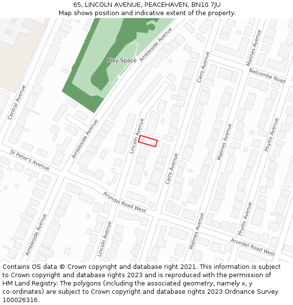 65, LINCOLN AVENUE, PEACEHAVEN, BN10 7JU: Location map and indicative extent of plot