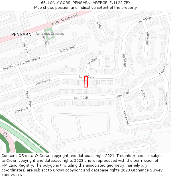 65, LON Y GORS, PENSARN, ABERGELE, LL22 7RY: Location map and indicative extent of plot