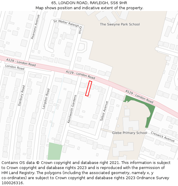65, LONDON ROAD, RAYLEIGH, SS6 9HR: Location map and indicative extent of plot