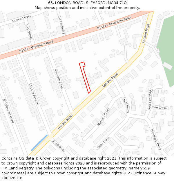 65, LONDON ROAD, SLEAFORD, NG34 7LQ: Location map and indicative extent of plot