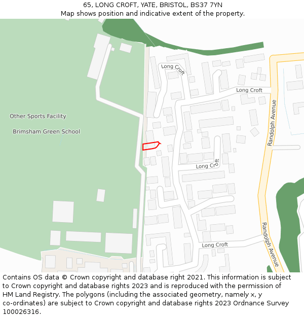 65, LONG CROFT, YATE, BRISTOL, BS37 7YN: Location map and indicative extent of plot