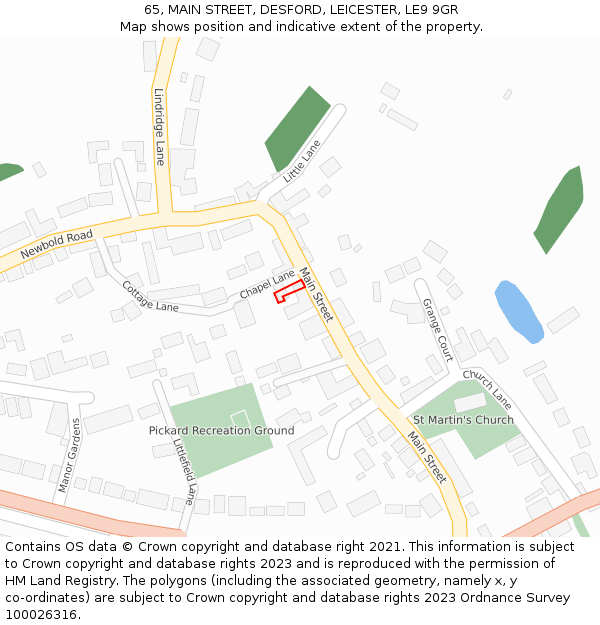 65, MAIN STREET, DESFORD, LEICESTER, LE9 9GR: Location map and indicative extent of plot