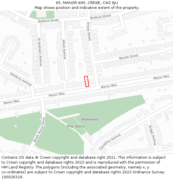 65, MANOR WAY, CREWE, CW2 6JU: Location map and indicative extent of plot