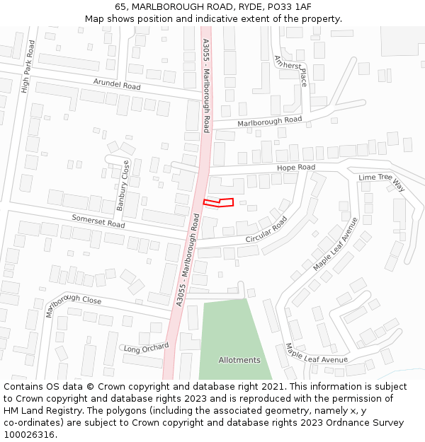 65, MARLBOROUGH ROAD, RYDE, PO33 1AF: Location map and indicative extent of plot