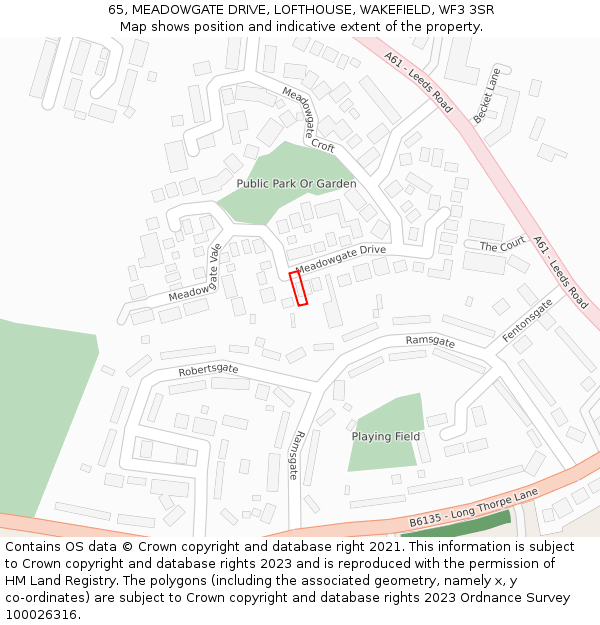 65, MEADOWGATE DRIVE, LOFTHOUSE, WAKEFIELD, WF3 3SR: Location map and indicative extent of plot