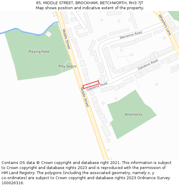 65, MIDDLE STREET, BROCKHAM, BETCHWORTH, RH3 7JT: Location map and indicative extent of plot