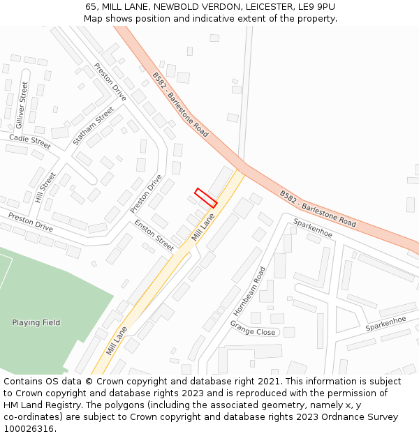 65, MILL LANE, NEWBOLD VERDON, LEICESTER, LE9 9PU: Location map and indicative extent of plot