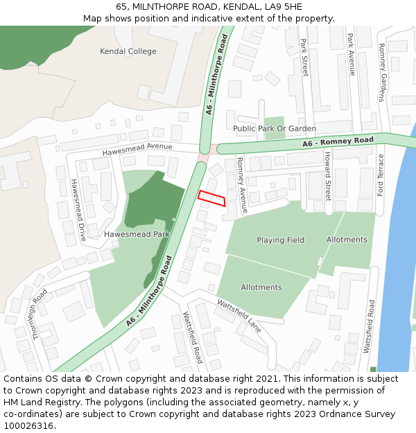 65, MILNTHORPE ROAD, KENDAL, LA9 5HE: Location map and indicative extent of plot