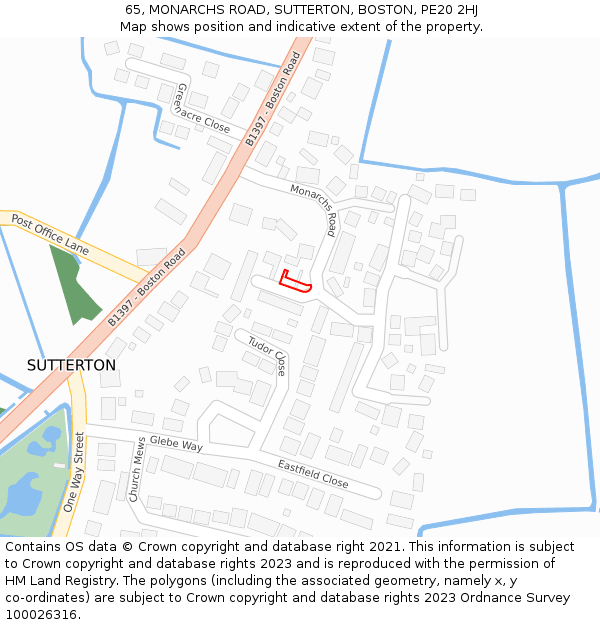 65, MONARCHS ROAD, SUTTERTON, BOSTON, PE20 2HJ: Location map and indicative extent of plot